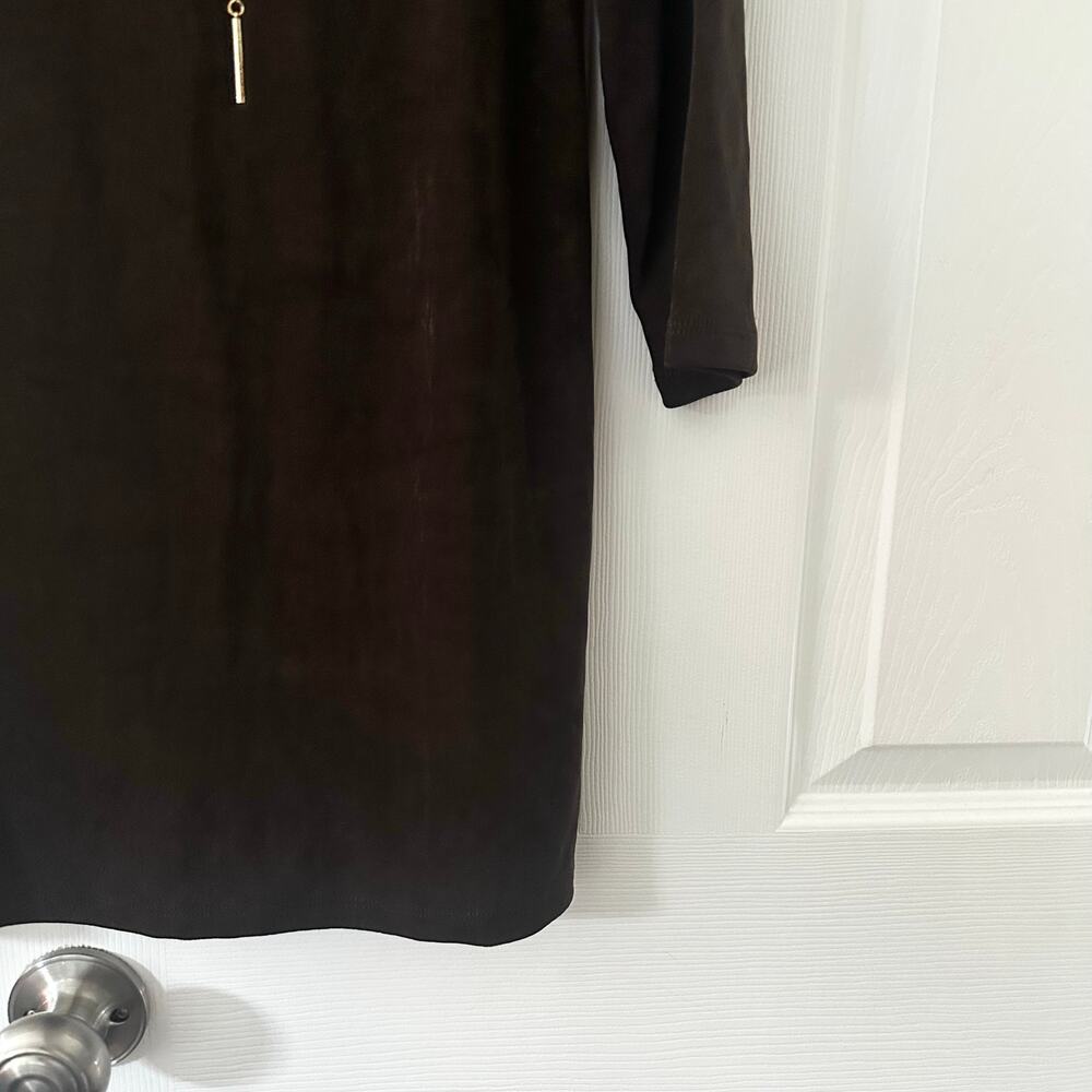 Travelers Chico's Chocolate Brown 3/4 Sleeve Slinky Tunic Top Laced Gold Chain 0 - Picture 6 of 7